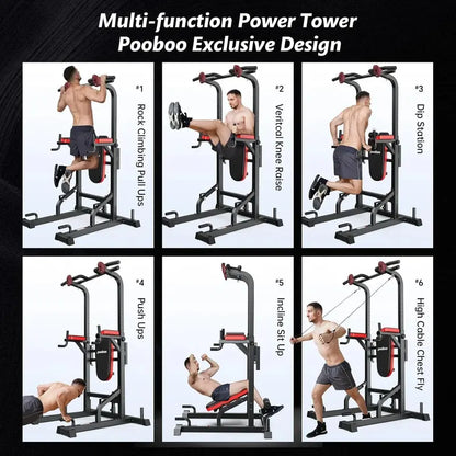 Pooboo Adjustable Power Tower  Dip Station, Pull-Up Bar & Ab Board