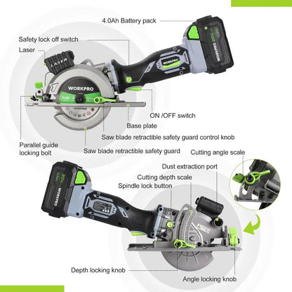 WORKPRO 4.5-Inch 20V Compact Cordless Circular Saw  Includes 4.0Ah Battery, Fast Charger & 3 Blades
