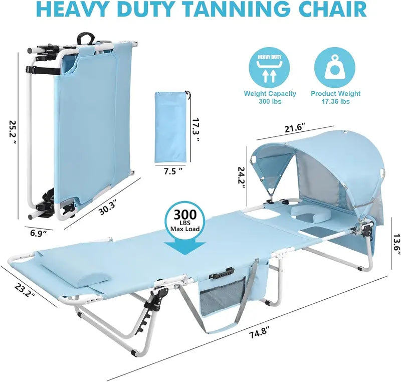 Heavy-Duty Tanning Chair with Face Hole & Sun Canopy  5-Position Recliner, UPF 50+ Shade, Supports Up to 300 lbs for Pool, Beach or Camping