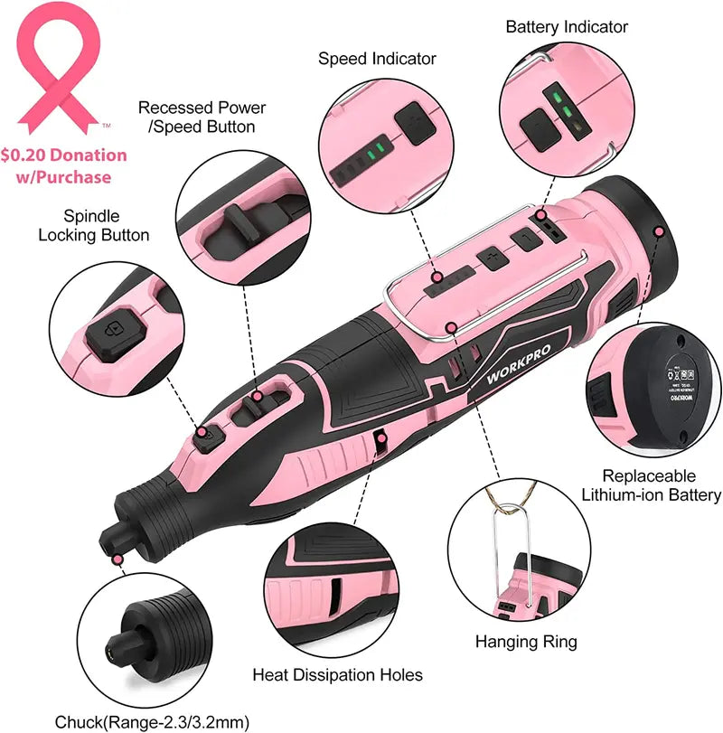 WORKPRO 12V Cordless Rotary Tool Kit  5-Speed Adjustable Mini Grinder with 114 Accessories and Pink Ribbon Packaging