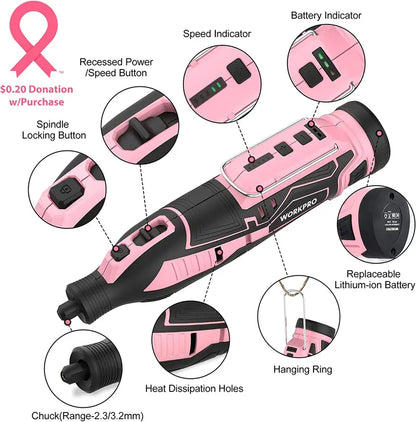 WORKPRO 12V Cordless Rotary Tool Kit  5-Speed Adjustable Mini Grinder with 114 Accessories and Pink Ribbon Packaging