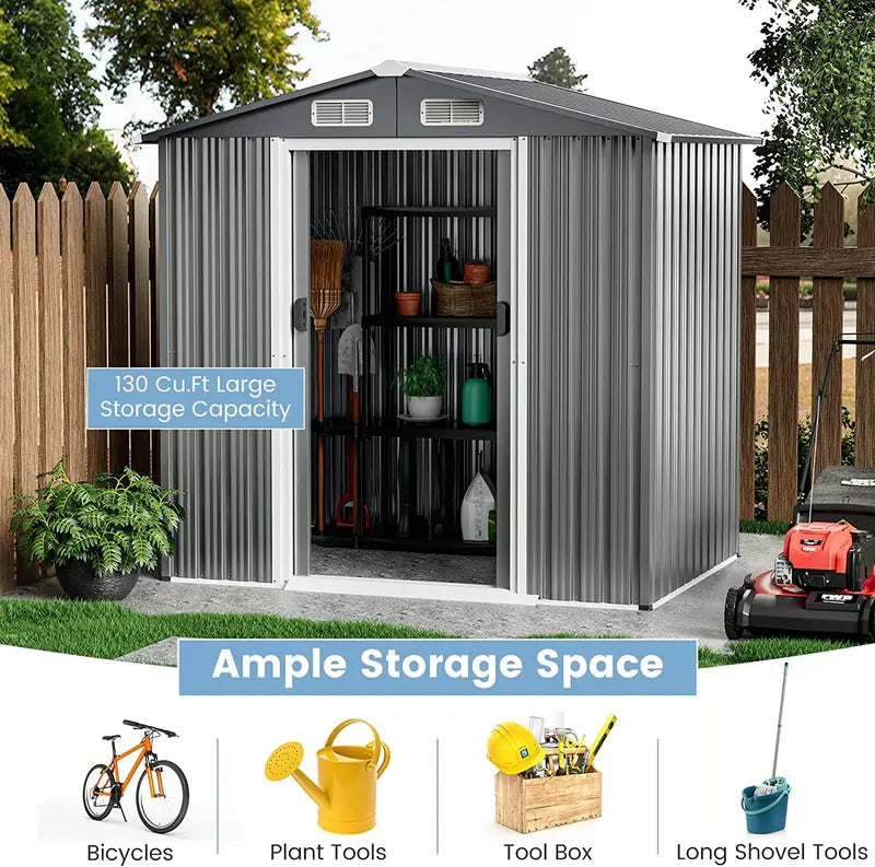 6′ x 4′ Galvanized Metal Outdoor Storage Shed  Rust-Resistant Tool House with Reinforced Frame