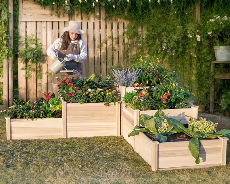 Three-Tier Cedar Garden Planter Box  28″ Deep with Drainage Holes and Pre-Assembled Base for Vegetables, Herbs, and Flowers