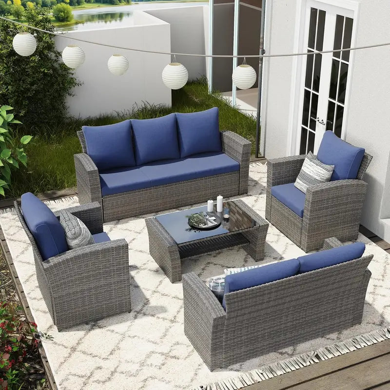 Wisteria Lane 4-Piece Navy Blue All-Weather Wicker Patio Sofa Set with Cushions and Glass Table