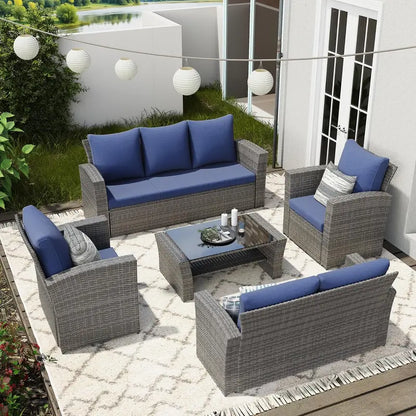 Wisteria Lane 4-Piece Navy Blue All-Weather Wicker Patio Sofa Set with Cushions and Glass Table