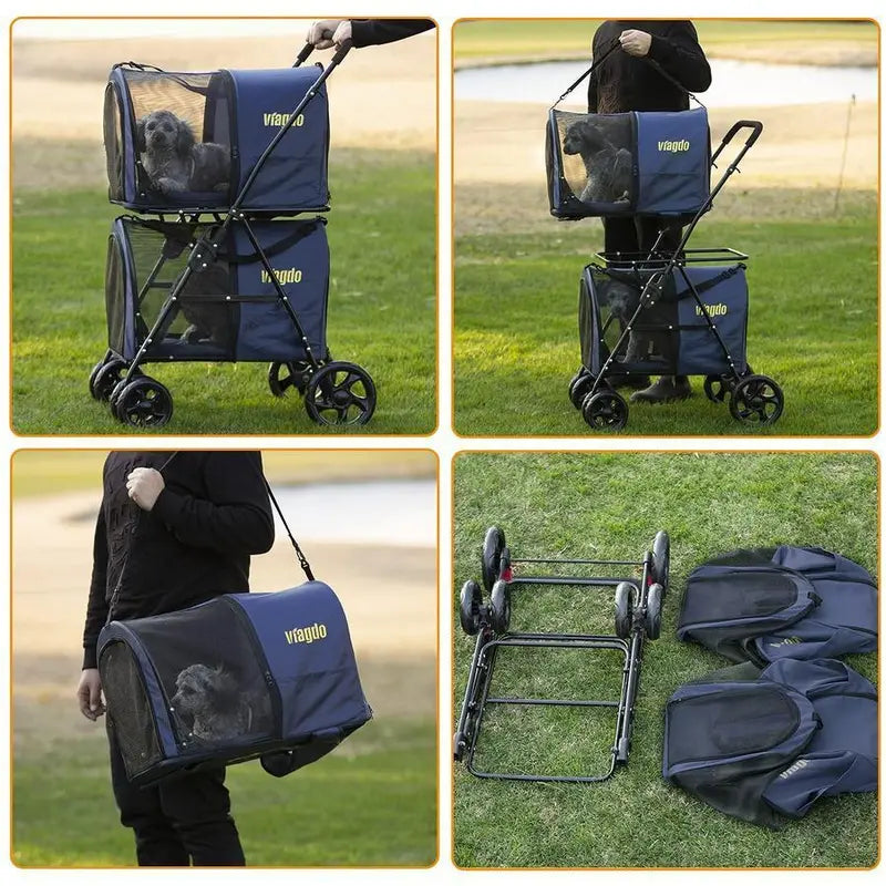 42-Inch Double Pet Stroller  Foldable, All-Terrain Dog & Cat Stroller with Suspension (Navy Blue)