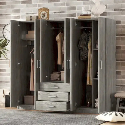 6-Door Wooden Bedroom Wardrobe  Spacious Storage Unit with 3 Large Bottom Drawers