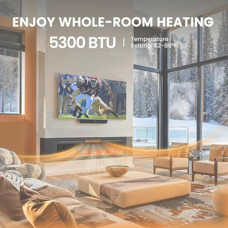 50-Inch Wall-Mount Smart Electric Fireplace: 5300 BTU Built-In Heater with Realistic Flame Effect