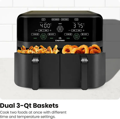 Chefman Dual Basket Air Fryer  6-Quart Digital Touchscreen Model with Independent Cooking Zones