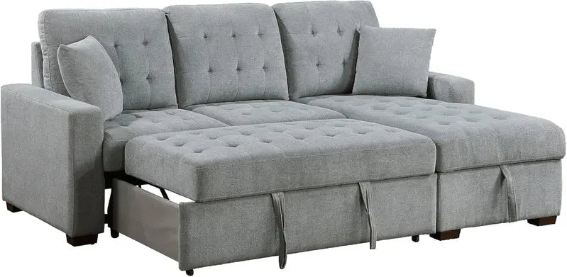 Modern L-Shaped Sleeper Sectional Sofa with Right-Side Storage Chaise and Pull-Out Bed  Gray Fabric