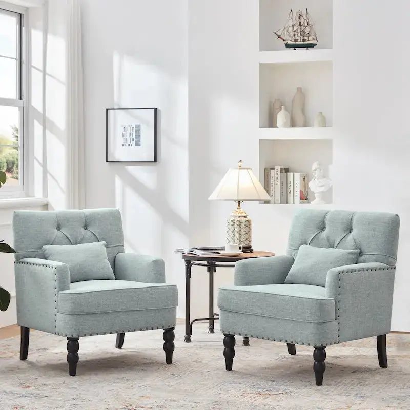 Set of 2 Button-Tufted Accent Chairs  Upholstered Armchairs with Lumbar Support Pillows in Beige, Grey, or Light Blue