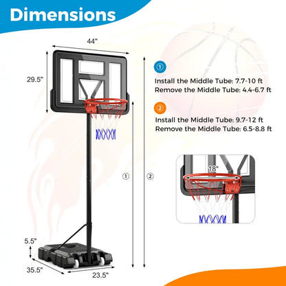 Portable Height-Adjustable Basketball Hoop  10-Foot Goal with 44-Inch Shatterproof Backboard