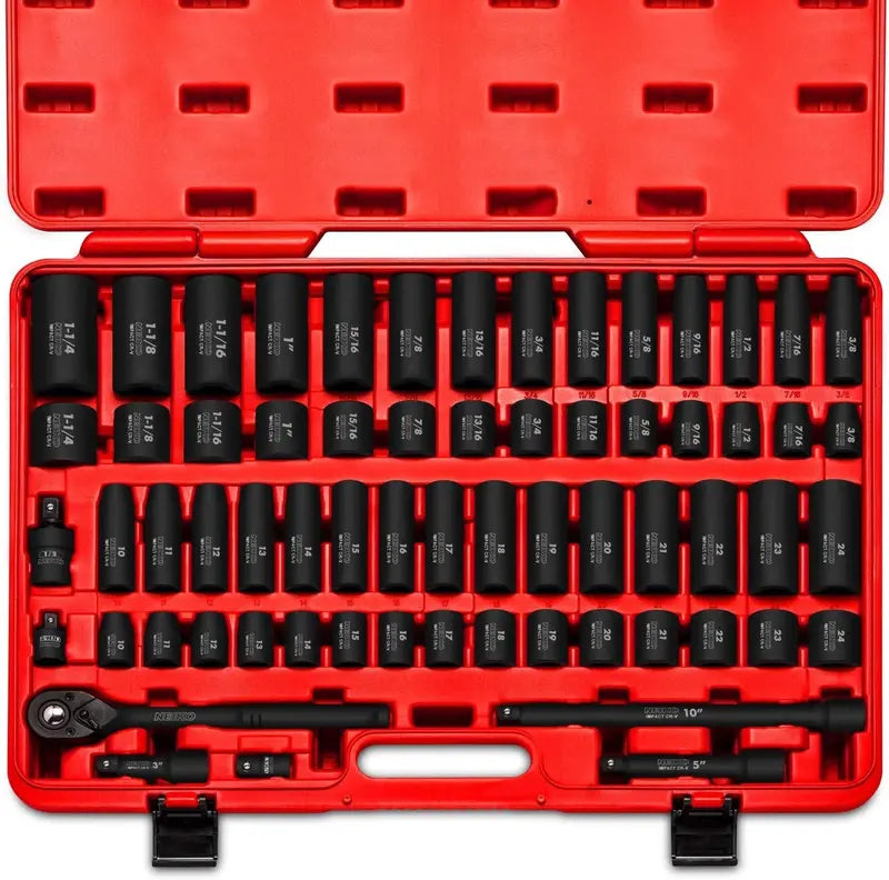 Drive Master 65-Piece Impact Socket Set, SAE (3/8″-1-1/4″) & Metric (10-24mm), Deep & Shallow, with Adapters & Ratchet Handle