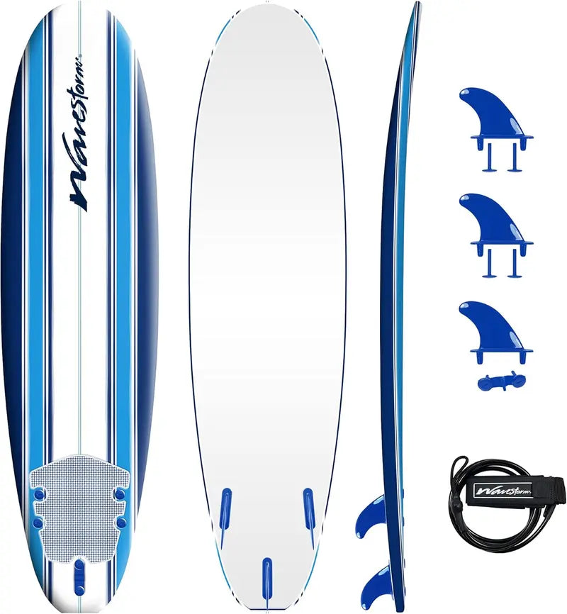 Wavestorm 7-Foot Soft Top Foam Surfboard  Beginner-Friendly Heat-Laminated Board with Leash & Multi-Fin Set, Blue Pinline Design