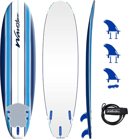 Wavestorm 7-Foot Soft Top Foam Surfboard  Beginner-Friendly Heat-Laminated Board with Leash & Multi-Fin Set, Blue Pinline Design