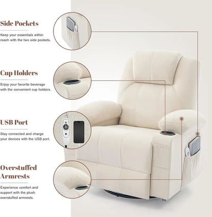 Large Swivel Rocking Recliner Sofa  Single-Seat Heated & Massaging Lounge Chair