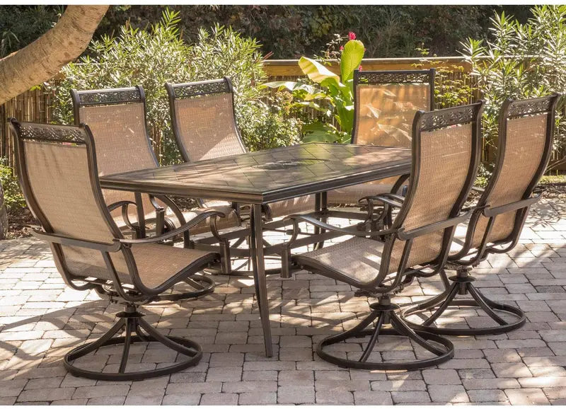 Monaca 7-Piece Aluminum Patio Dining Set  6 Swivel Rocker Chairs + Tile-Top Table, Rust-Resistant Bronze Finish