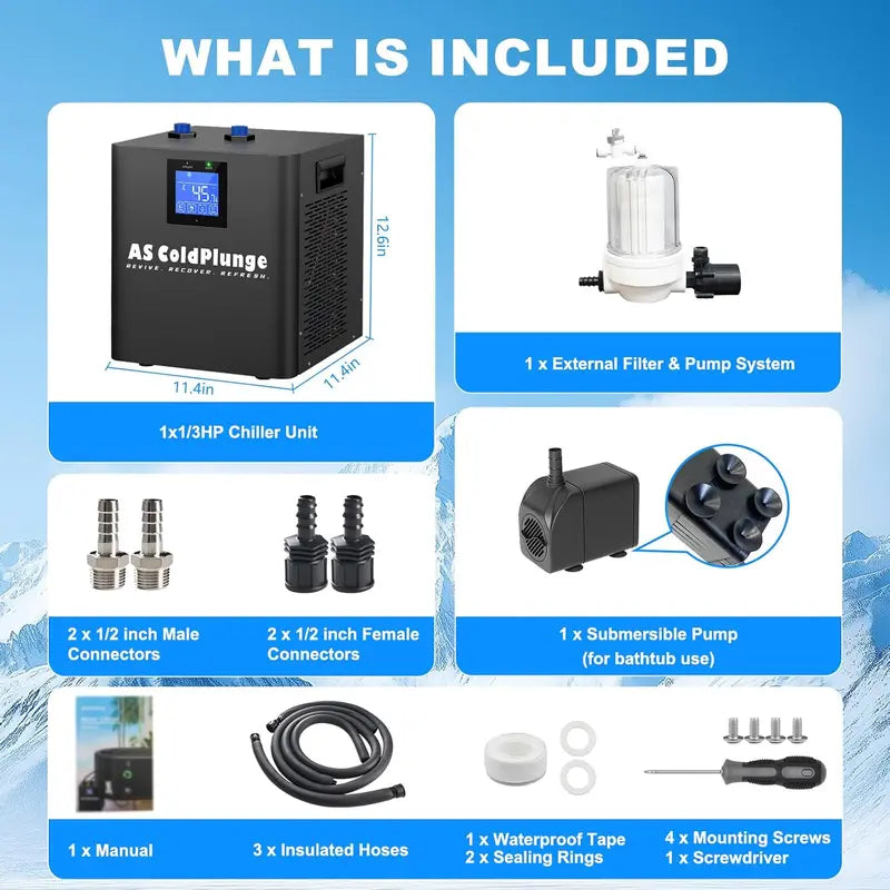 1/3 HP Cold Plunge Water Chiller: External Filter Pump & Cooling System for Home Ice Bath Tubs