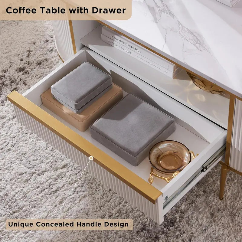 OKD 48-Inch Oval Grooved Coffee Table  Imitation Marble Top, Gold Trim, Curved Contour Design with Drawers