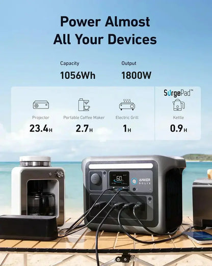 1800W Portable Power Station — Solar Generator with 2400W Peak Output, Rapid 58-Min Charge