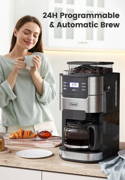 Gevi 10-Cup Coffee Maker with Integrated Grinder  Programmable Thermal Carafe Brewer