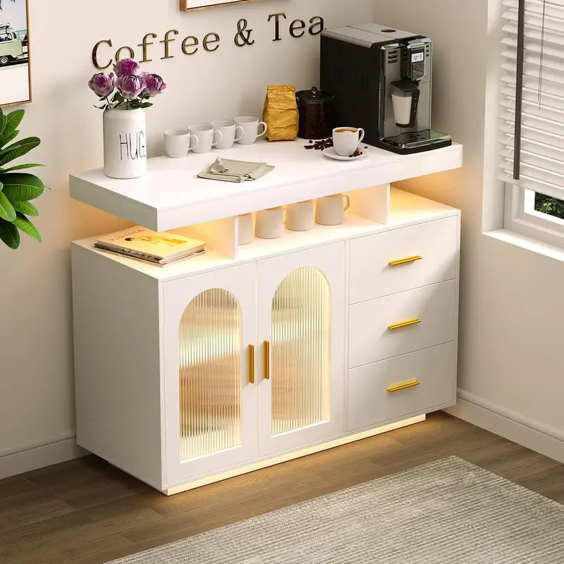 RGB-Lit Bar Cabinet with Motion Sensor  Modern Wood Buffet Sideboard with Shelf Storage &amp; Coffee Bar Functionality (Black)
