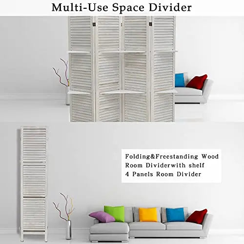 ECOMEX 4-Panel Folding Room Divider  White Privacy Screen with Built-In Shelves