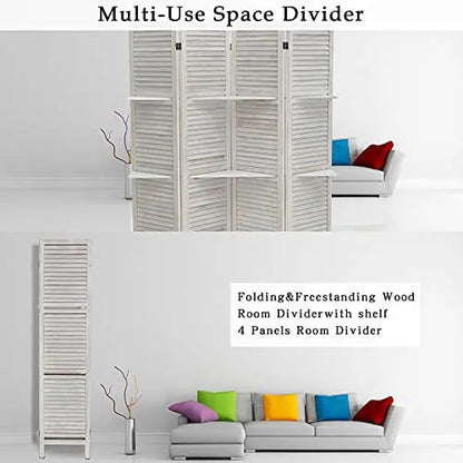ECOMEX 4-Panel Folding Room Divider  White Privacy Screen with Built-In Shelves