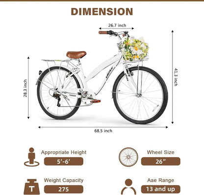 WEIZE 26″ Beach Cruiser Bike  7-Speed Commuter Bicycle with Fenders, Rear Rack, Ergonomic Upright Frame & Comfort Saddle