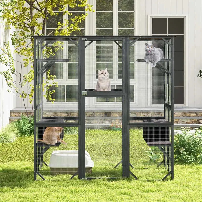 71-Inch Walk-In Outdoor Catio Enclosure  Wooden Kitty Playpen with Seven Tiered Platforms & Secure Shelter Design
