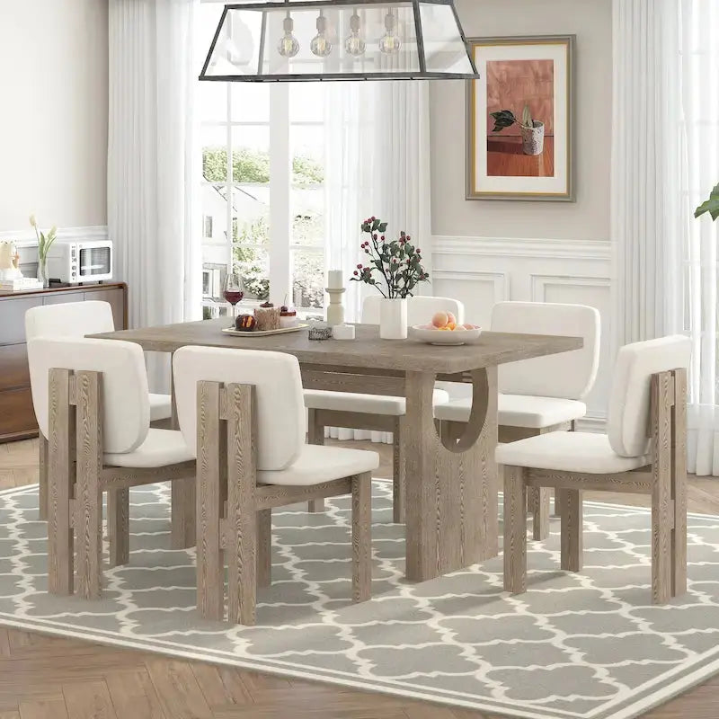 7-Piece Solid Wood Dining Set  Rectangular Trestle Table with 6 Upholstered Chairs