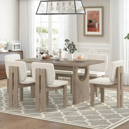 7-Piece Solid Wood Dining Set  Rectangular Trestle Table with 6 Upholstered Chairs