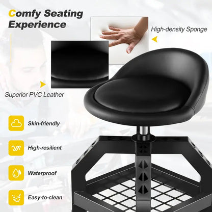 Adjustable Swivel Mechanic Stool with Casters and Built-in Tool Tray