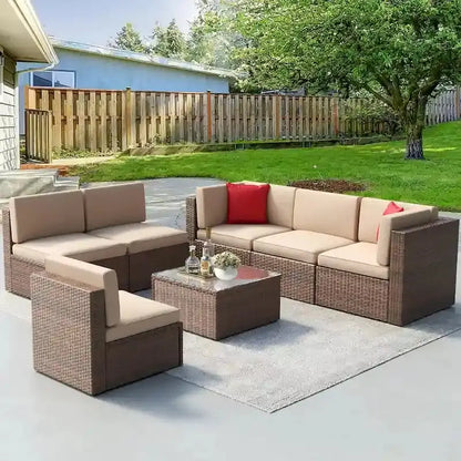 7-Piece PE Rattan Outdoor Sectional Set  Wicker Patio Sofa with All-Weather Cushions