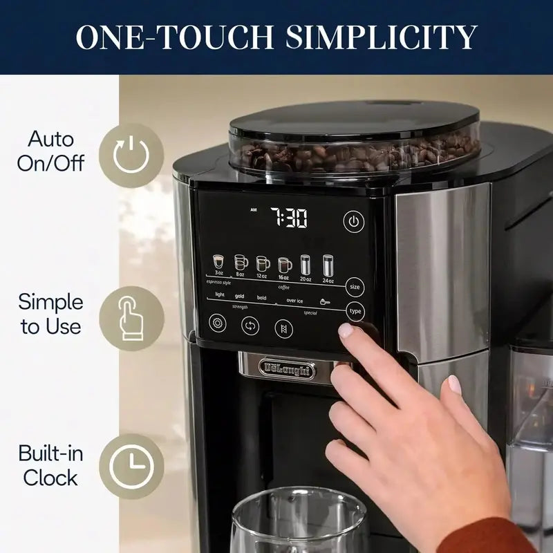 De’Longhi TrueBrew Drip Coffee Maker  Built-in Conical Burr Grinder, 6 Customizable Brew Sizes, 5 Specialty Profiles, Stainless Steel Finish