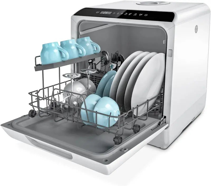 Hermitlux Countertop Mini Dishwasher  7-Program Portable Unit with 5L Built-in Tank, LED Display, Glass Door, No Plumbing Required