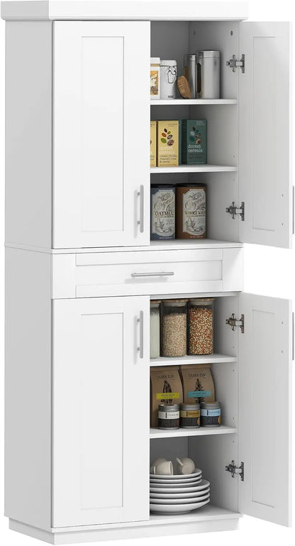 72-Inch Freestanding Grey Kitchen Pantry Cabinet with 4 Doors, Drawer, and 3 Adjustable Shelves