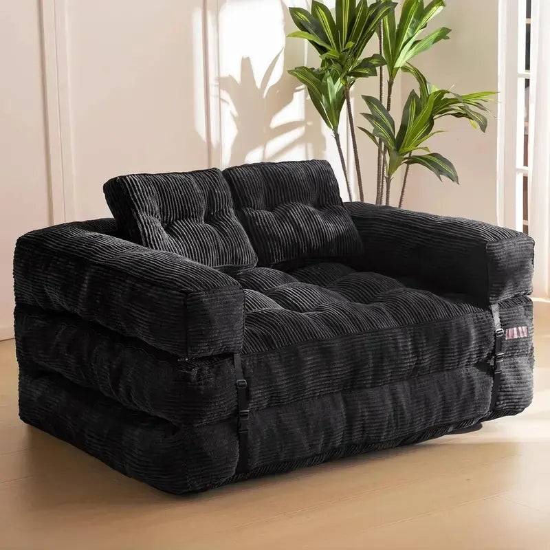 L-Shaped Folding Sofa Bed  Convertible Living Room Lounger with Armrests & Pillows