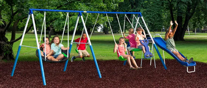 XDP Recreation All-Star Playground Metal Swing Set, 6-Leg, for 7 Kids, Heavy-Duty Steel, Includes Swings, Slide, Space Rider