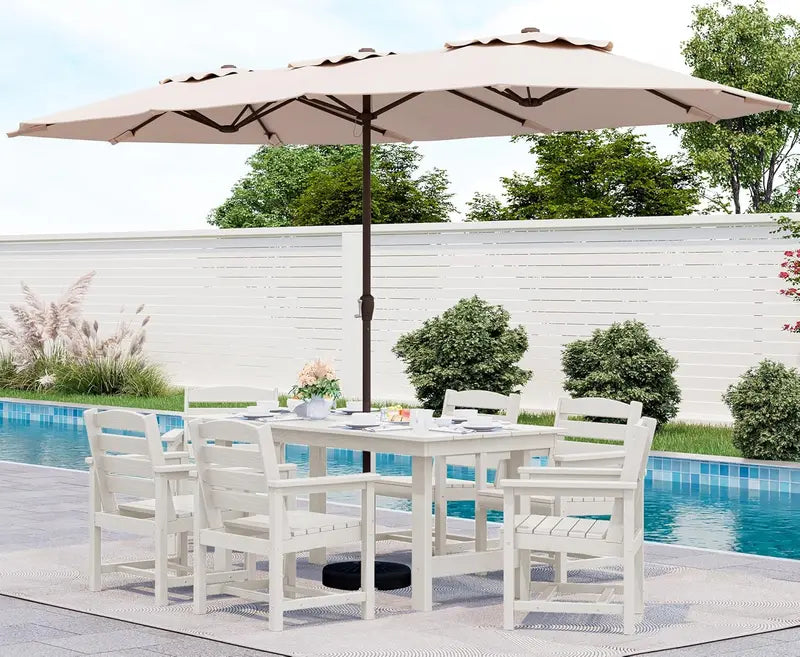 SERWALL 7-Piece Blue HDPE Outdoor Dining Set with Umbrella Hole and Stackable Chairs