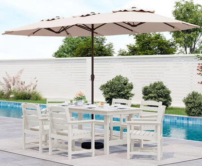 SERWALL 7-Piece Blue HDPE Outdoor Dining Set with Umbrella Hole and Stackable Chairs