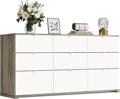 9-Drawer LED TV Dresser  58.35-Inch Wood Dresser with Power Outlets, Open Shelving & Bedroom Storage
