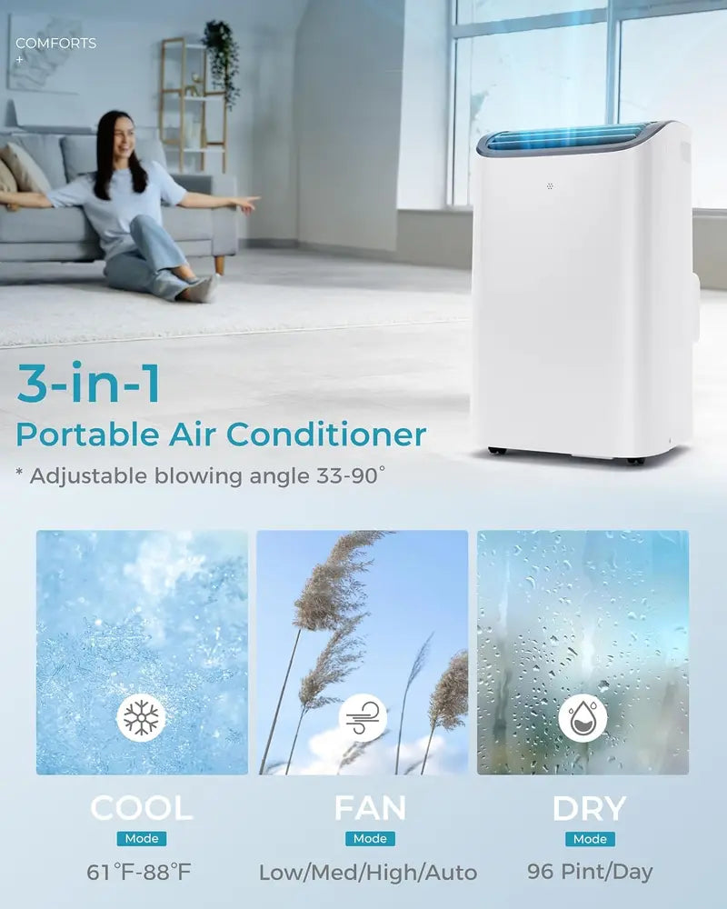 EUHOMY 8,000 BTU 4-in-1 Portable AC  Cools Up to 350 Sq. Ft., Includes Fan, Dehumidifier & Sleep Mode, Remote-Controlled