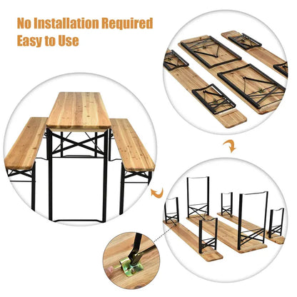 Three-Piece Folding Picnic Table and Bench Set with Wooden Top (70″ Total)