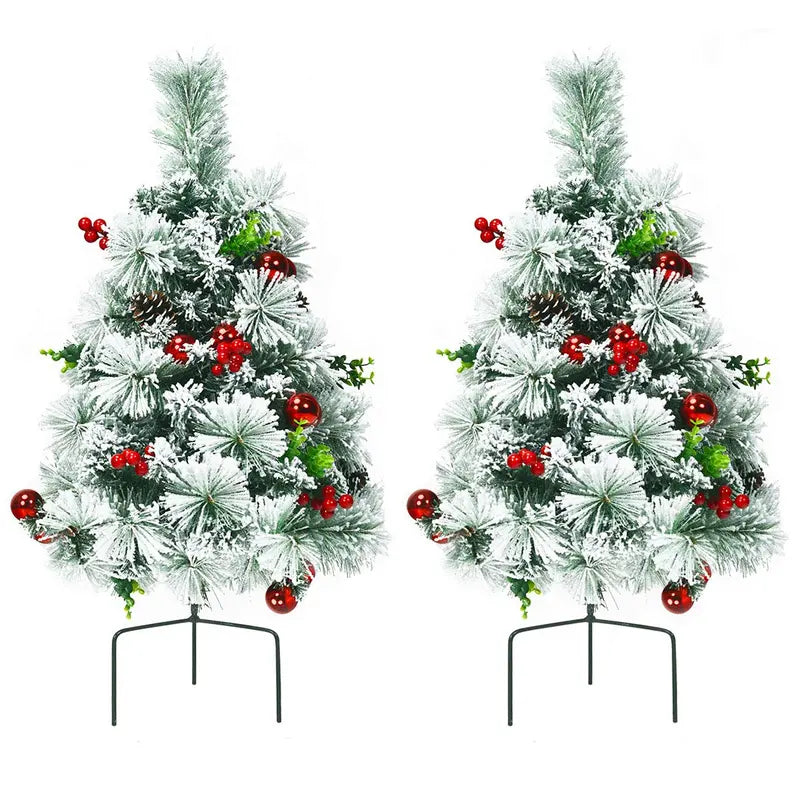 Set of Two 2-Foot Pre-Lit Snow-Flocked Pathway Christmas Trees