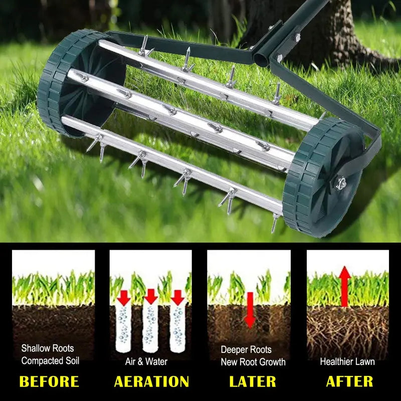 Rolling 18-Inch Lawn Aerator  Heavy-Duty Rotary Spike Aeration Tool for Gardens and Yards