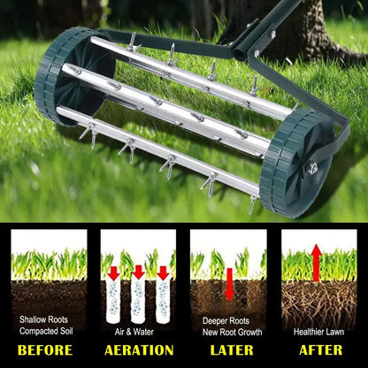 Rolling 18-Inch Lawn Aerator  Heavy-Duty Rotary Spike Aeration Tool for Gardens and Yards