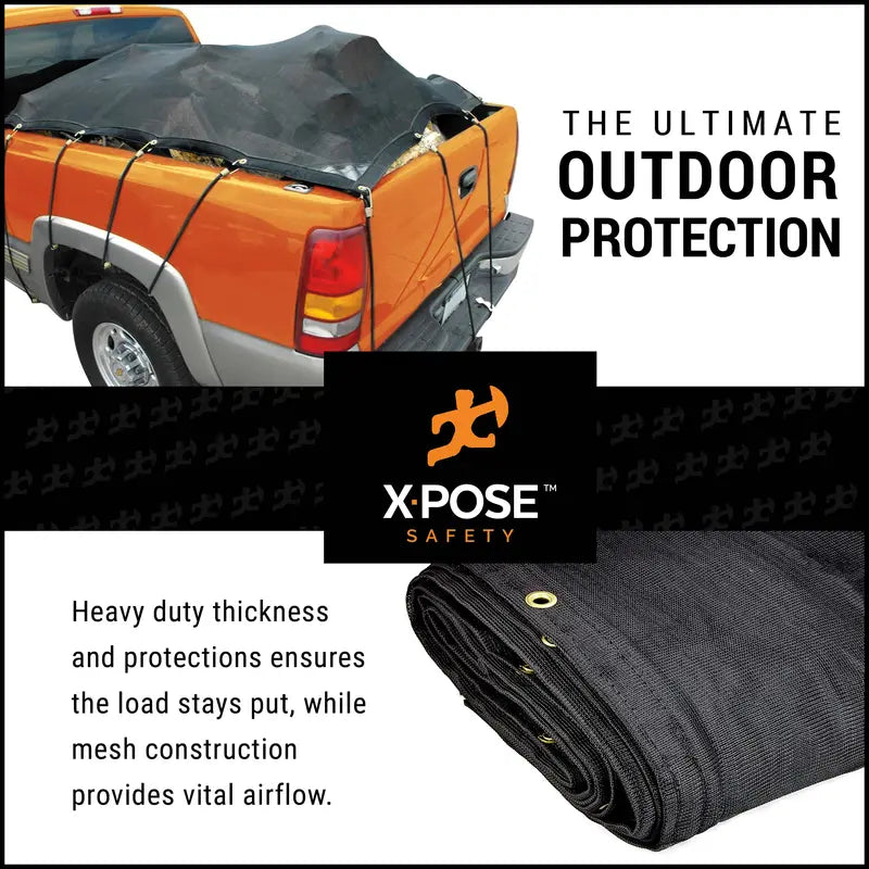 Xpose Safety Heavy Duty Mesh Tarp  4′ x 10′  Multipurpose Black Protective Cover with Air Flow  Use for Tie Downs, Shade, Fences, Canopies, Dump Trucks  Weather and Tear Resistant