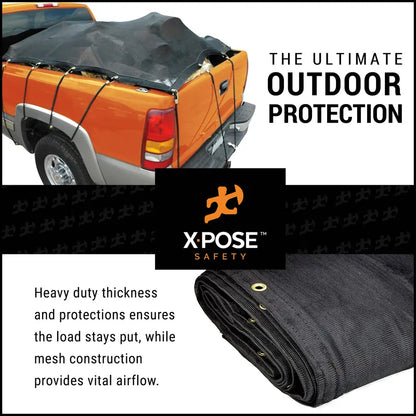 Xpose Safety Heavy Duty Mesh Tarp  4′ x 10′  Multipurpose Black Protective Cover with Air Flow  Use for Tie Downs, Shade, Fences, Canopies, Dump Trucks  Weather and Tear Resistant