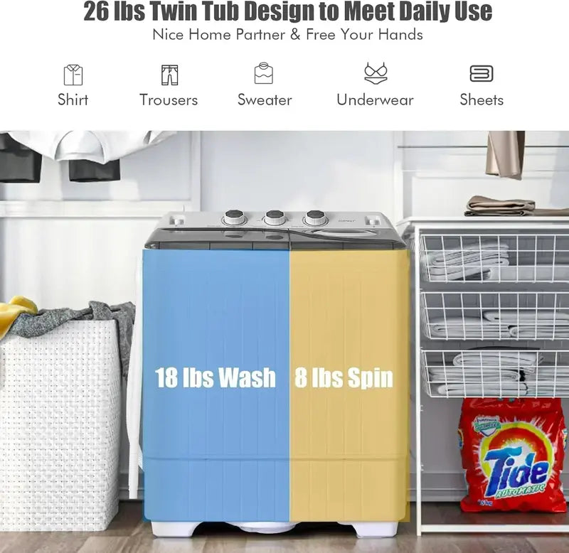 COSTWAY Dual-Tub Washing Machine  26 LB Total Capacity (18 LB Wash + 8 LB Spin) with Drain Pump